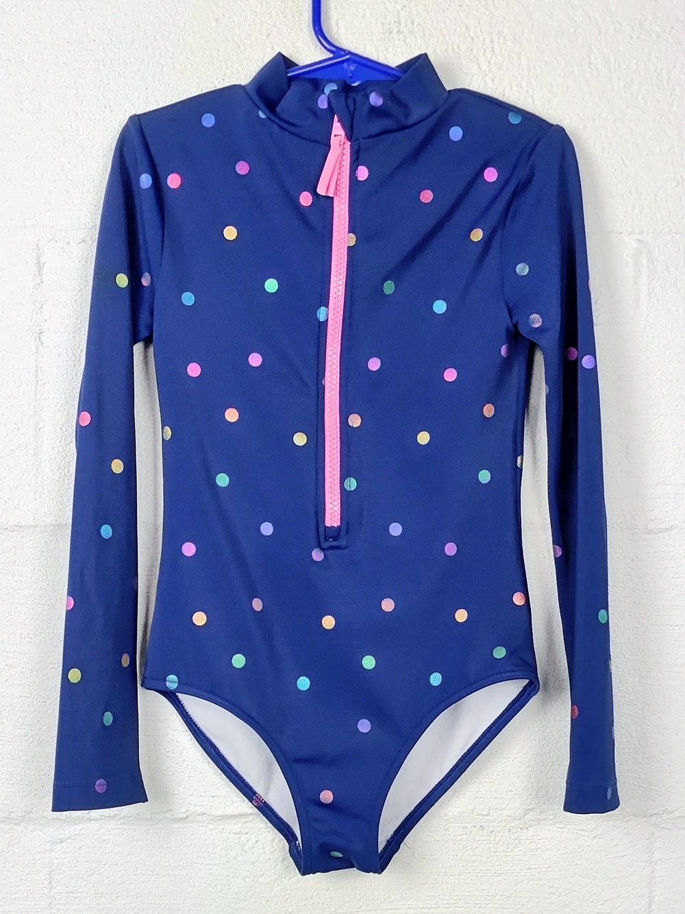 Mini Boden Navy Long-Sleeve One-Piece Swimsuit with Multicolor Polka Dots